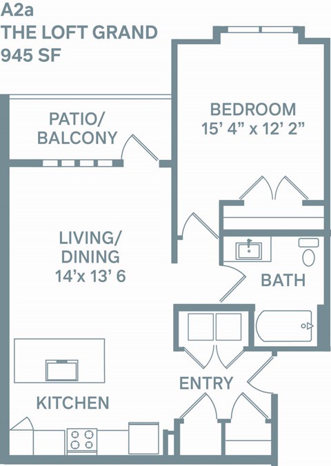 Floor plan for 1 bed, 1 bath, 945 sqft